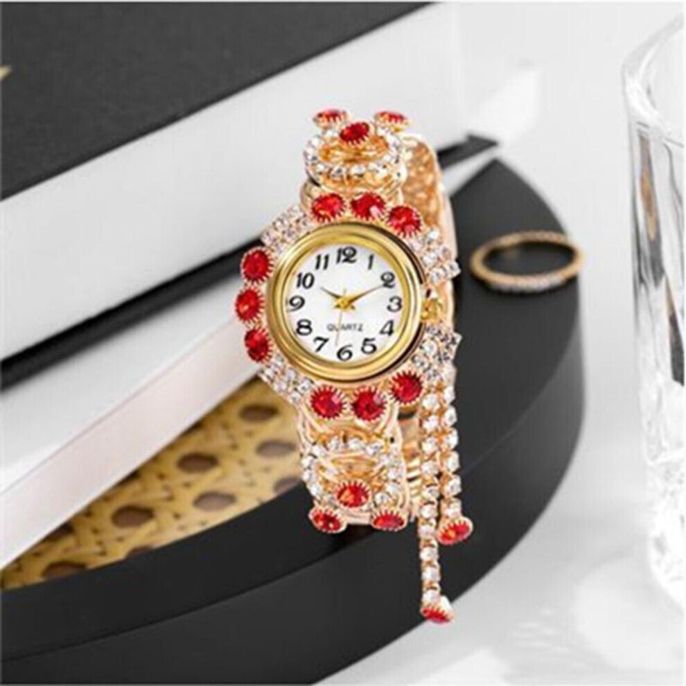 Maxpower (Red) New Hot Ladies Gold Bracelet Watch Retro Wild Rhinestone Tassel Watch Korean Version Trend Jewelry Watch
