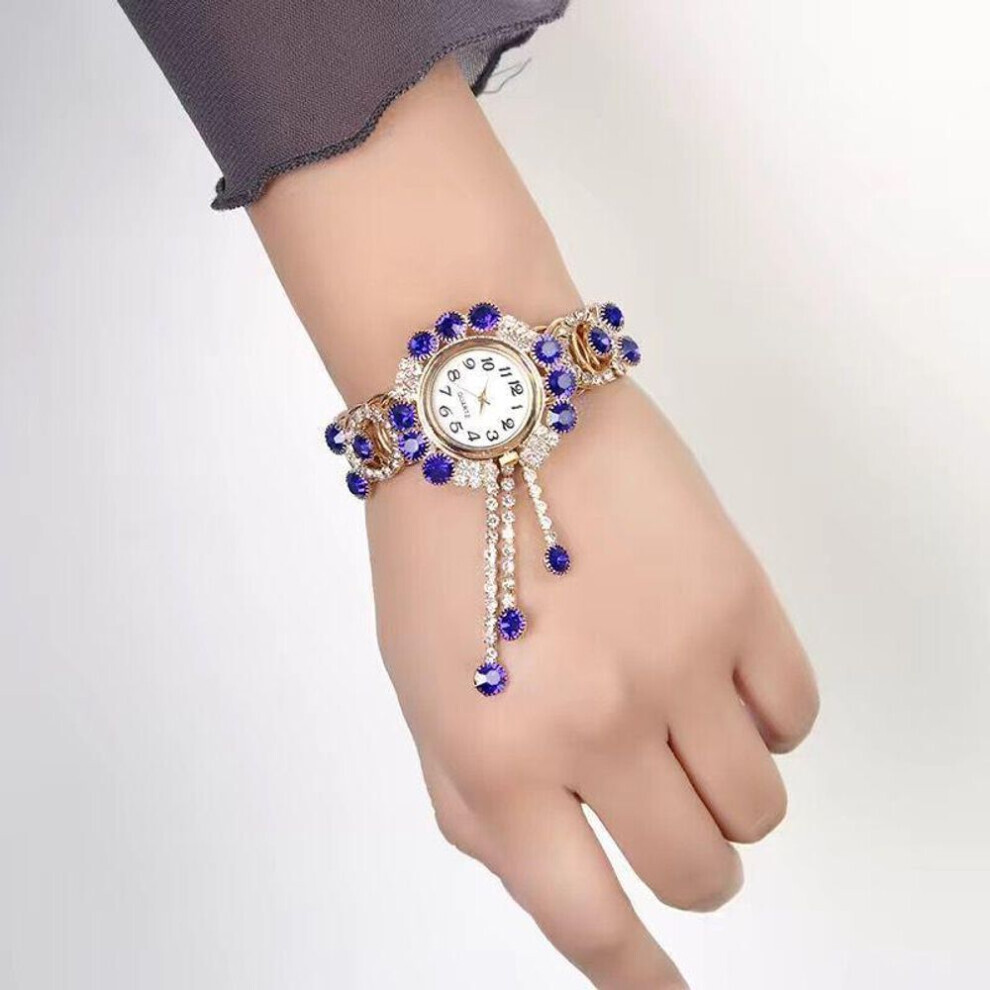 Maxpower (Blue) New Hot Ladies Gold Bracelet Watch Retro Wild Rhinestone Tassel Watch Korean Version Trend Jewelry Watch