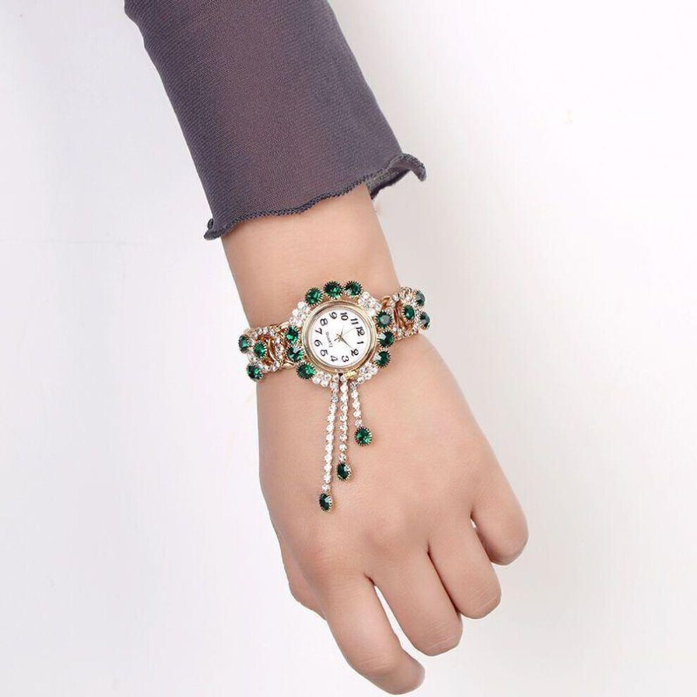 Maxpower (Green) New Hot Ladies Gold Bracelet Watch Retro Wild Rhinestone Tassel Watch Korean Version Trend Jewelry Watch Green,Gold