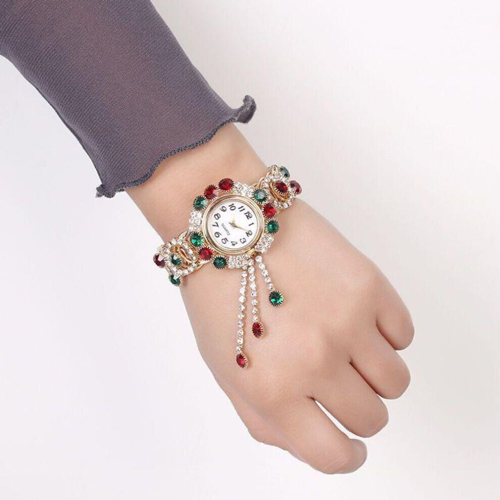 Maxpower (Multicolor) New Hot Ladies Gold Bracelet Watch Retro Wild Rhinestone Tassel Watch Korean Version Trend Jewelry Watch