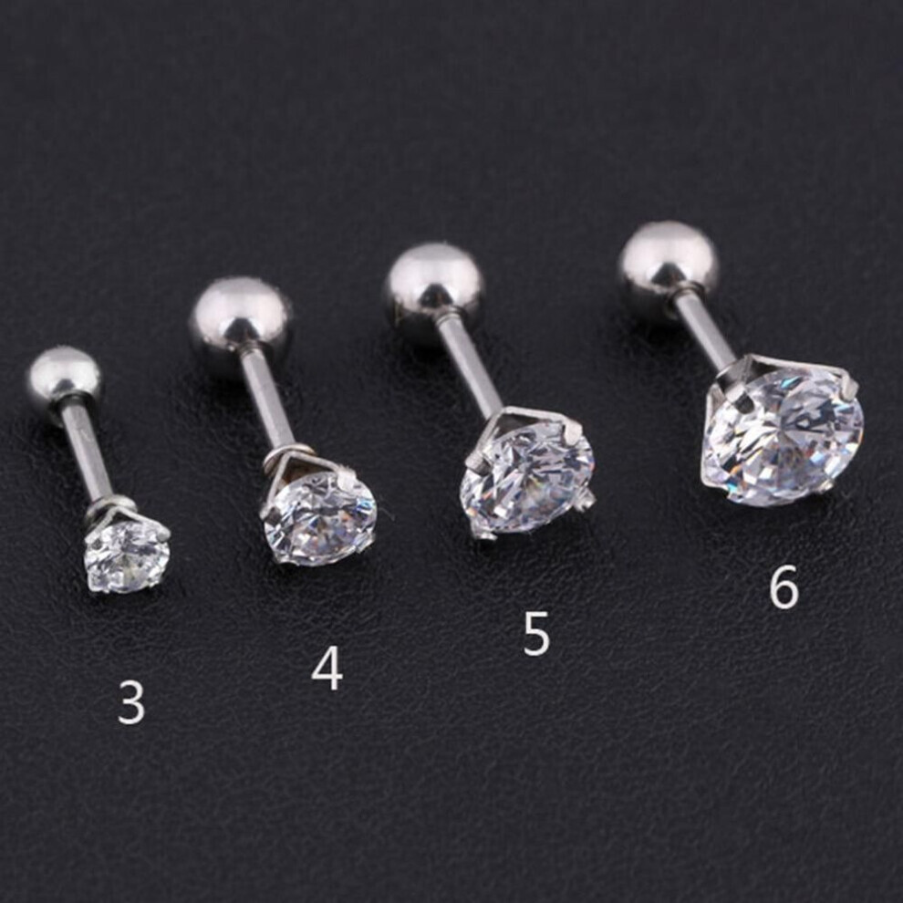 (silver, 6mm) 1pc Stainless Steel Crystal Zircon Ear Studs Earrings For Women/men 4 Prong Tragus Cartilage Piercing Jewelry