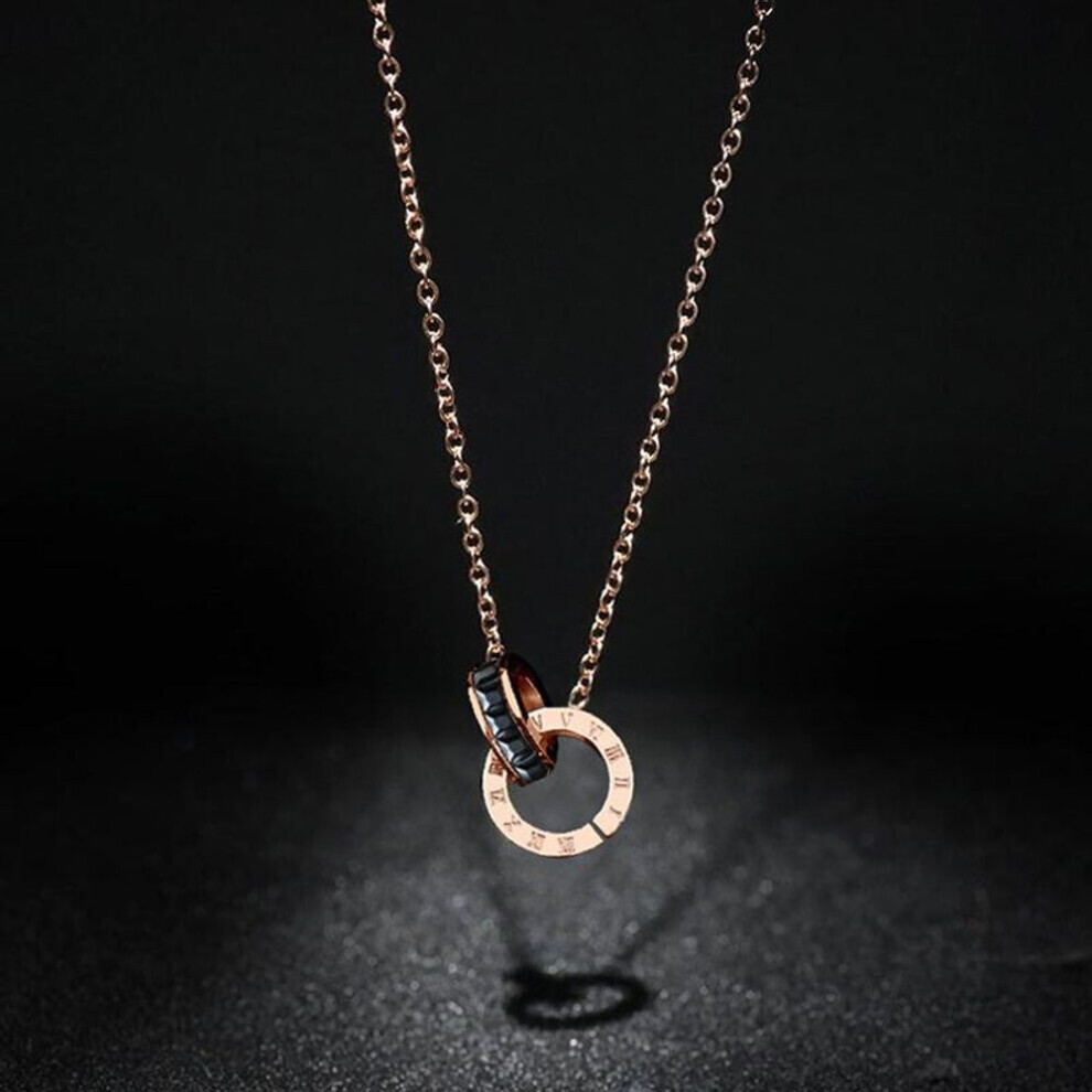 Maxpower (Black) Titanium Steel Roman Double Ring Necklace Colorless Chain Chain 18K Rose Gold Plated Necklace X001 Black,Gold