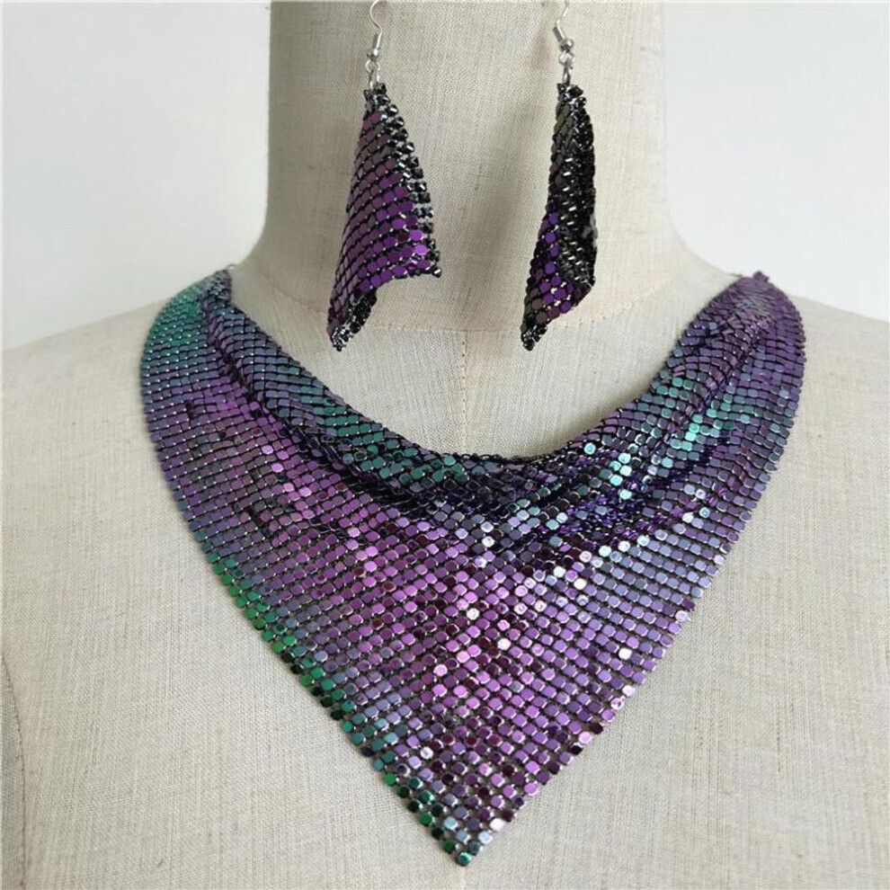 (as the picture) "european & American Sequin Silk Triangle Scarf & Exaggerated Clavicle Necklace Earrings Set For Women"