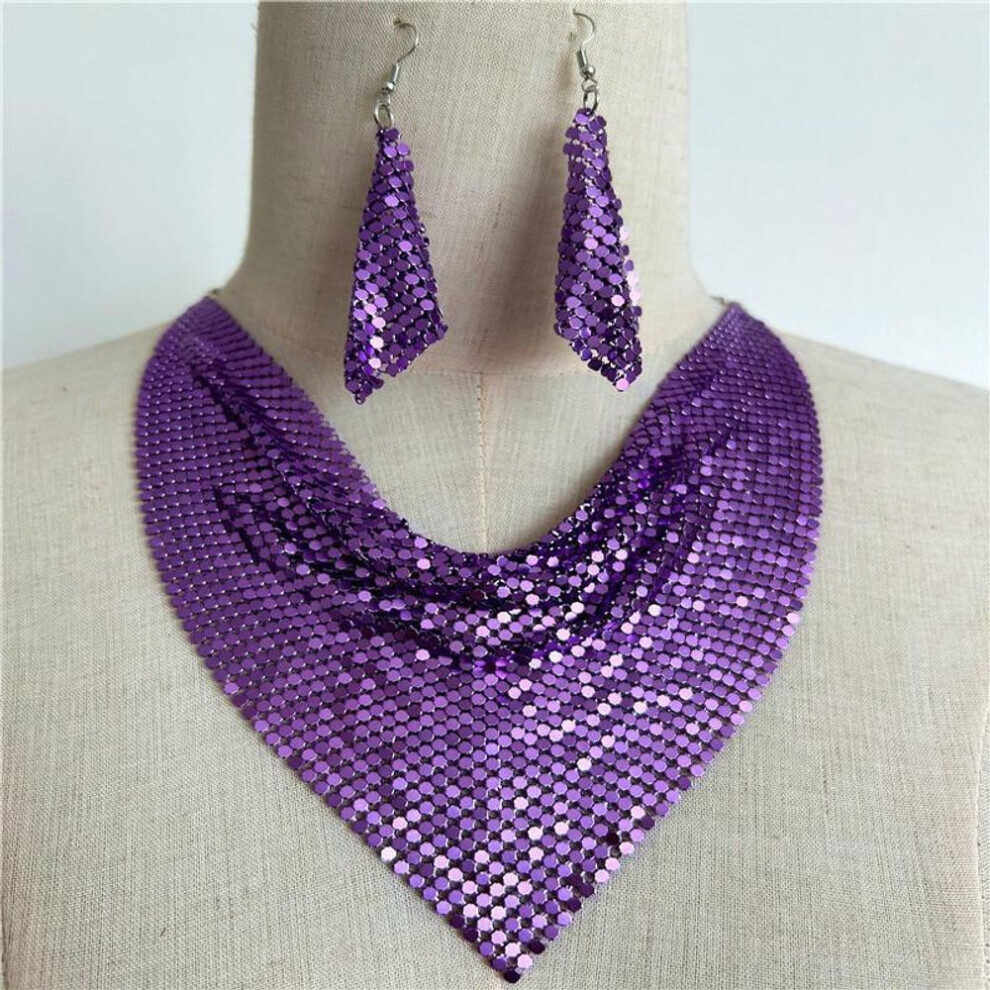 (purple) "european & American Sequin Silk Triangle Scarf & Exaggerated Clavicle Necklace Earrings Set For Women"