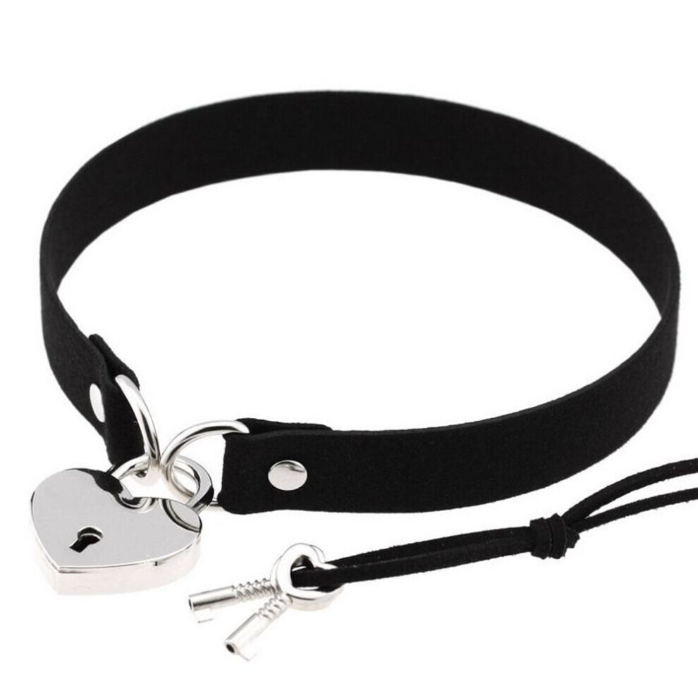 (as the picture) Choker Collar Necklace Openable Lover Heart Lock Key Padlock Charms Pu Leather Punk Gothic Lolita Collar Necklaces Goth Jewelry Valentines Couple