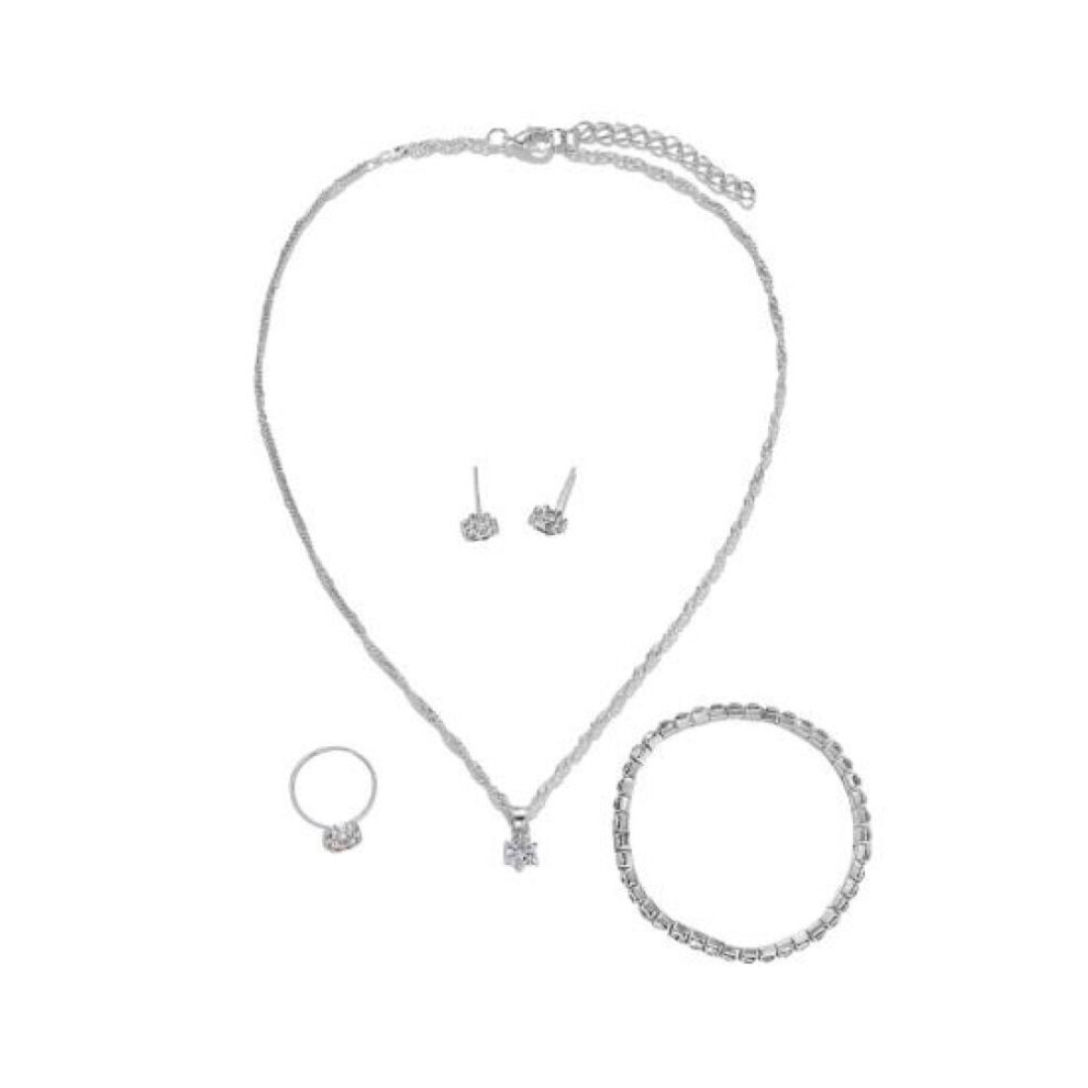 Maxpower (Silver) Women Jewelry Set Earrings Bracelet Necklace Ring Rhinestone Adjustable Ring Silver