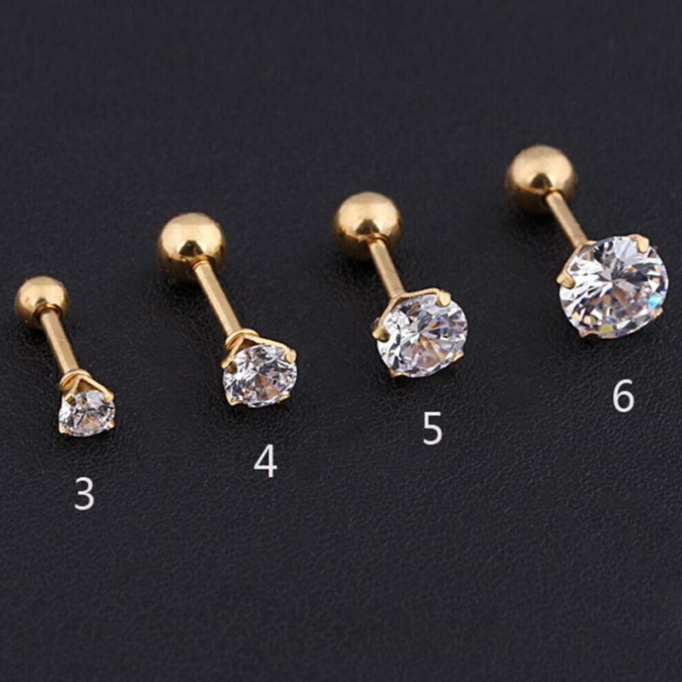(gold, 3mm) 1pc Stainless Steel Crystal Zircon Ear Studs Earrings For Women/men 4 Prong Tragus Cartilage Piercing Jewelry