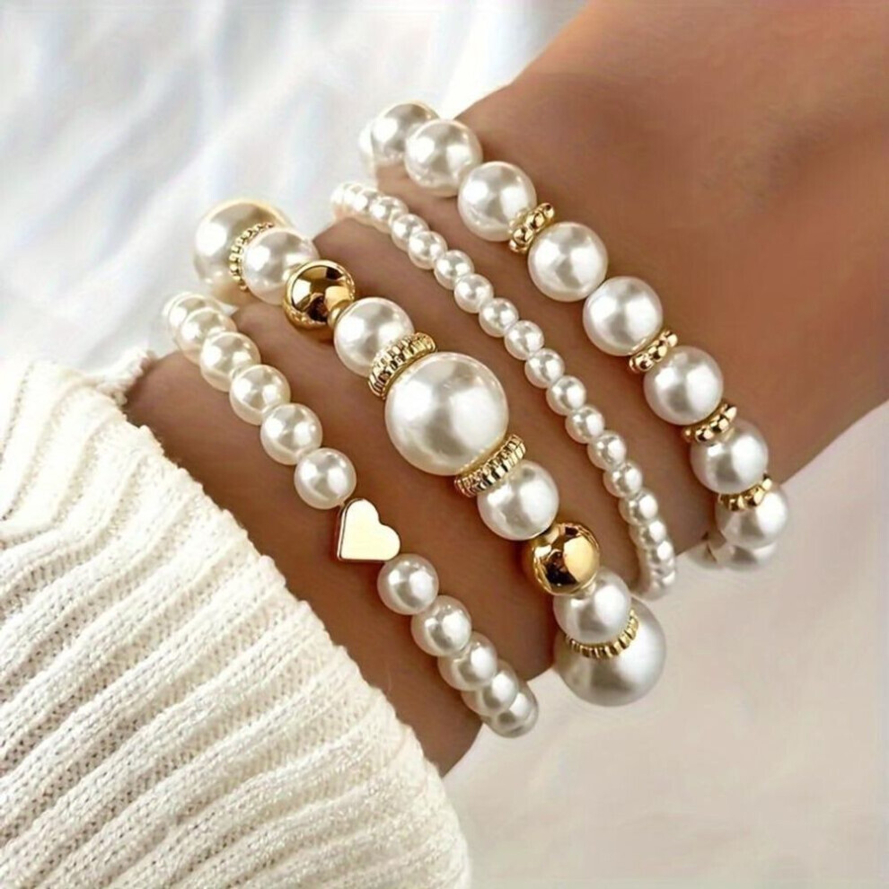 (4pcs) 4pcs/set Heart White Imitation Pearl Bracelets Set For Women New Trendy Elastic Beaded Bracelet Elegant Wedding Party Jewelry