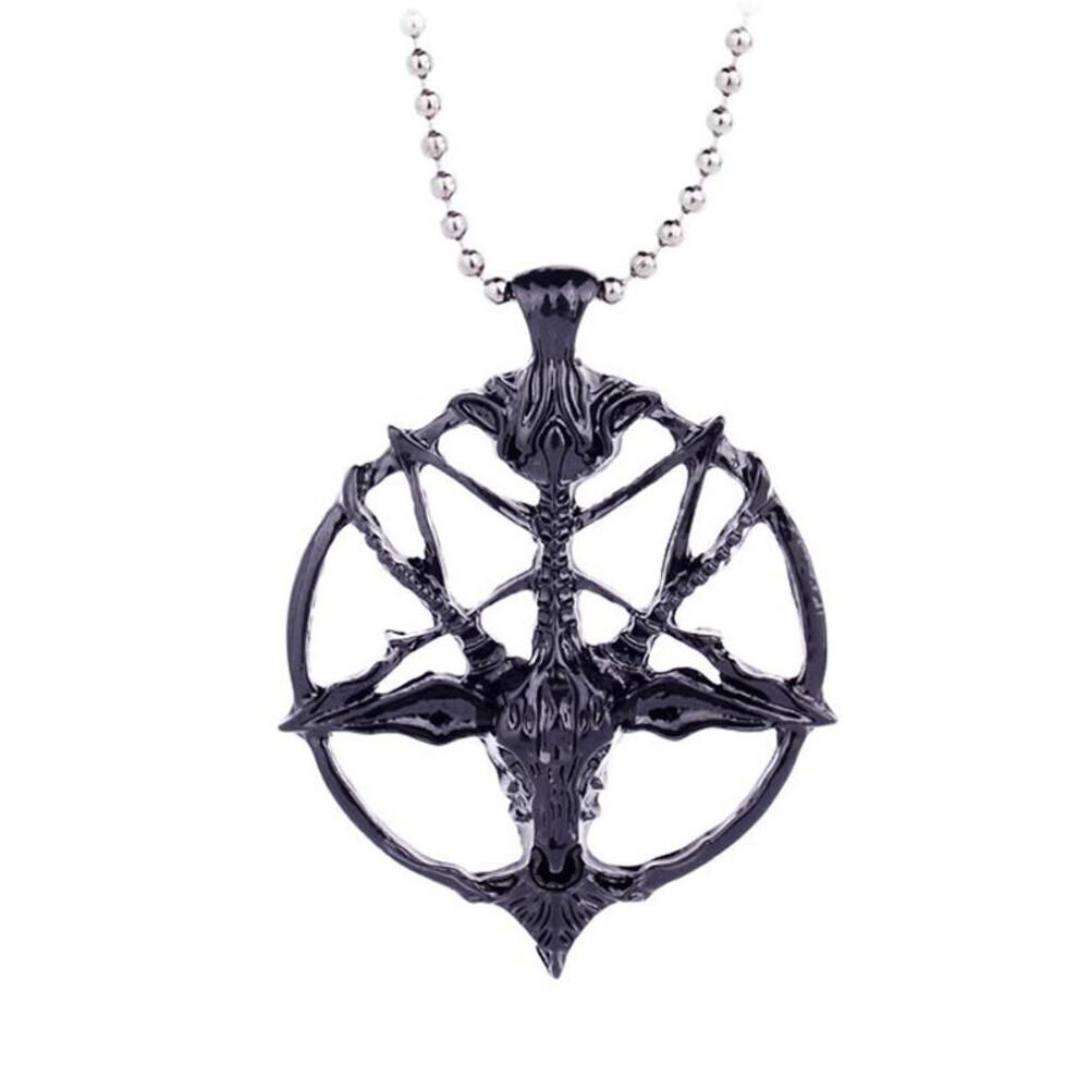 Maxpower (Black) Pentagram Necklace Skull Goat Head Pendant Satanism Occult Metal Vintage Silver Star Men Jewelry Black,Silver