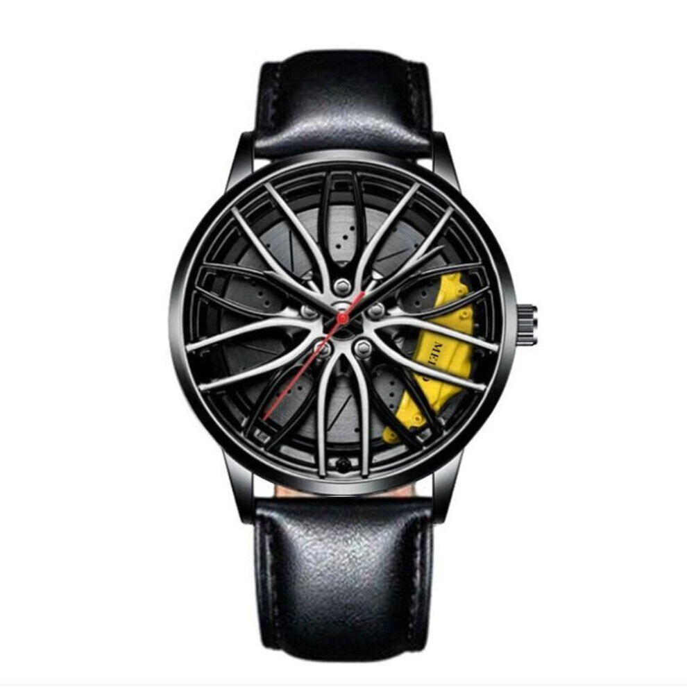 (yellow, One Size) Car Watches For Men,waterproof Stainless Steel Quartz Wrist Watch Sports Men's Watches With Car Wheel Rim Hub Design