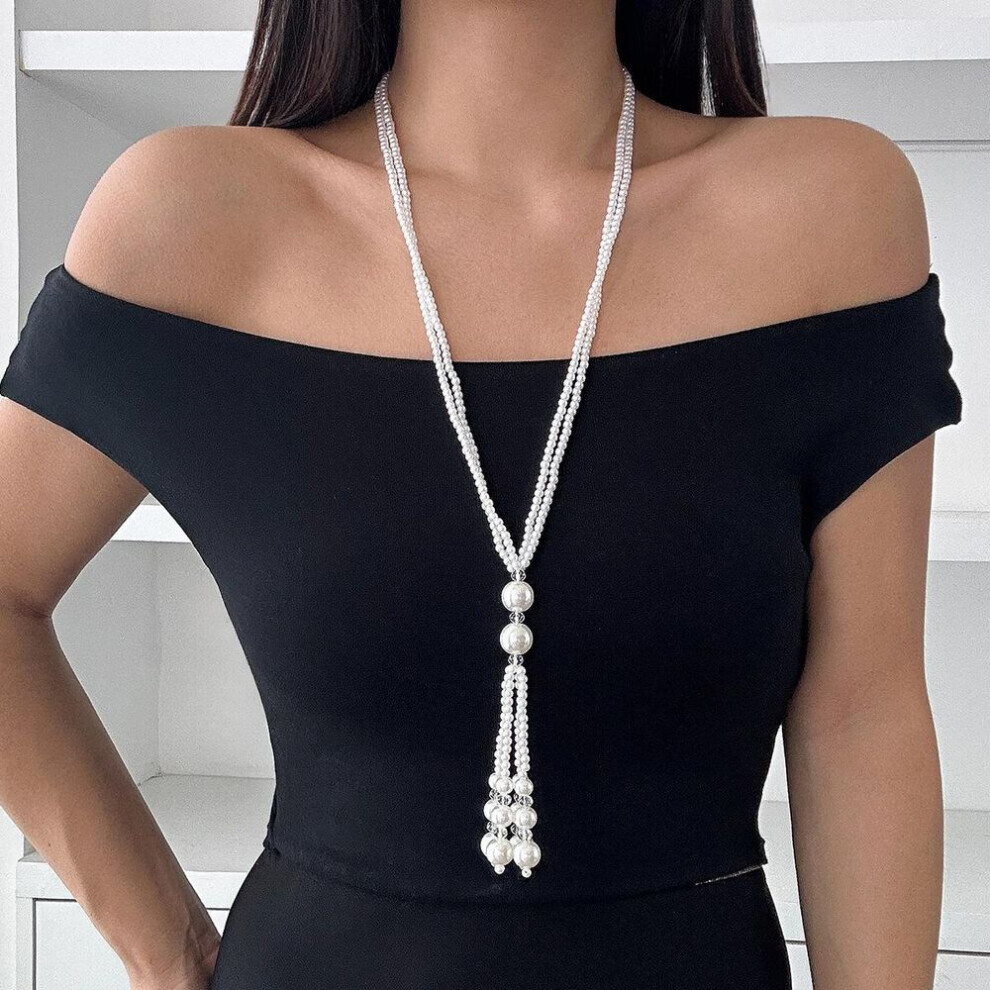 Maxpower (, 6823) European And American Fashion Pearl Tassel Necklace: Elegant Long Beaded Crystal Clavicle Chain White