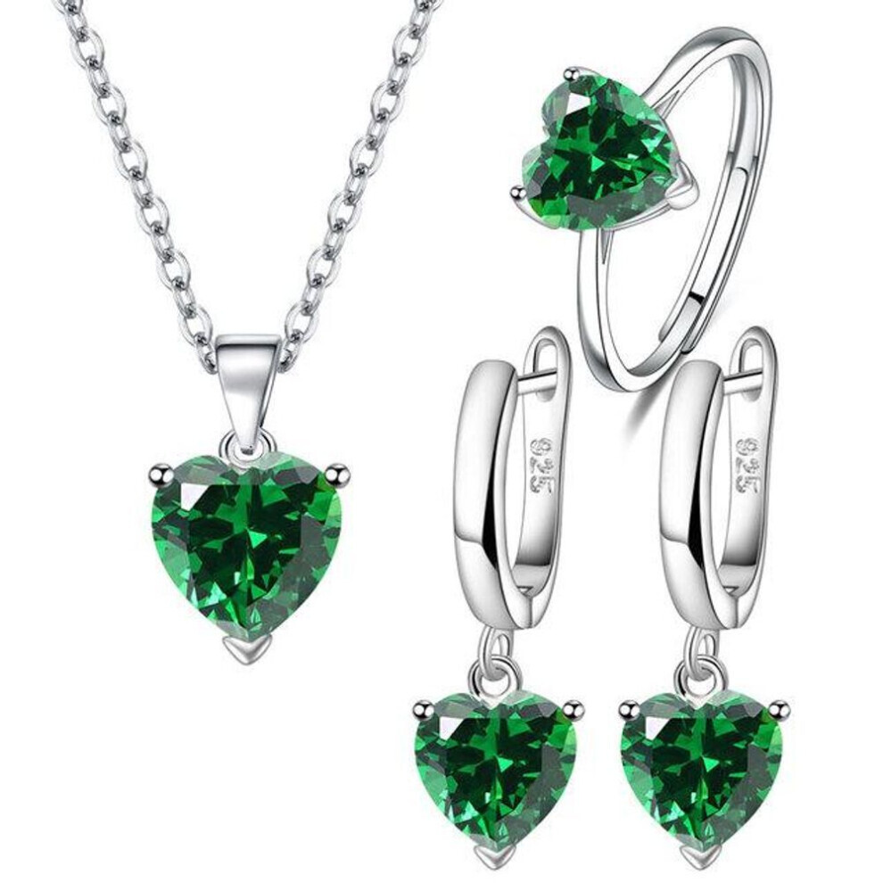 Maxpower (, Resizable) Anenjery Love Heart Zirconia Pendant Necklace Earrings Ring Jewelry Sets For Women Anniversary Engagement Party Jewelry Bijoux Green