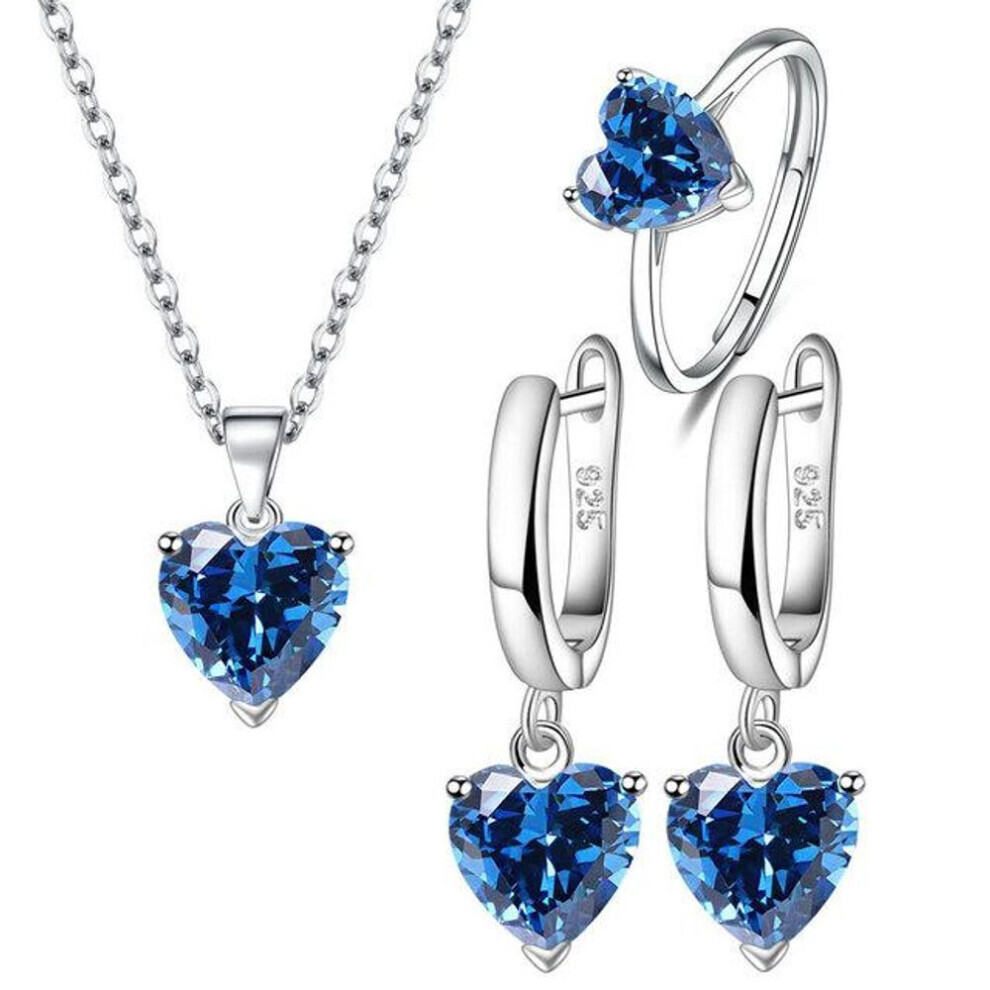 Maxpower (, Resizable) Anenjery Love Heart Zirconia Pendant Necklace Earrings Ring Jewelry Sets For Women Anniversary Engagement Party Jewelry Bijoux Blue