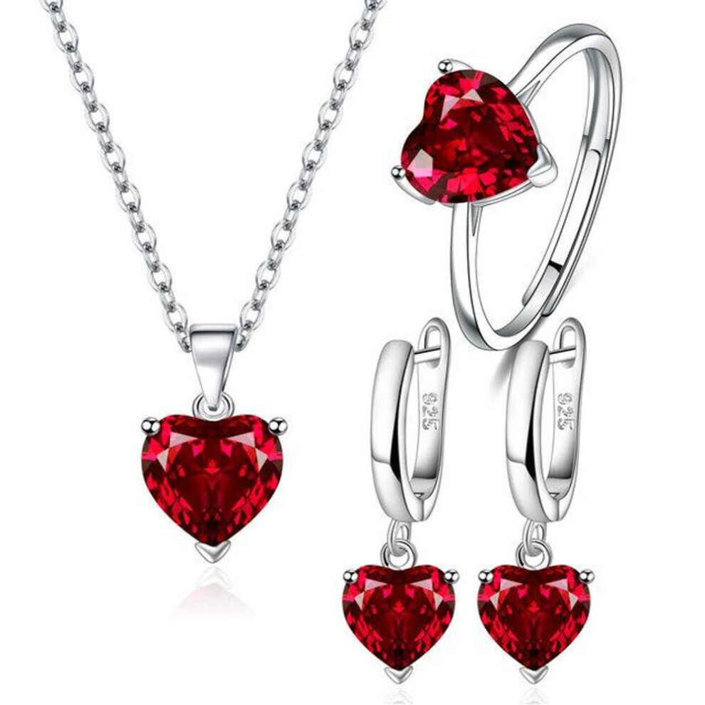 Maxpower (, Resizable) Anenjery Love Heart Zirconia Pendant Necklace Earrings Ring Jewelry Sets For Women Anniversary Engagement Party Jewelry Bijoux Red