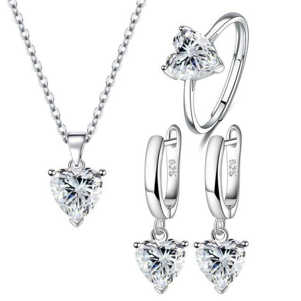 Maxpower (, Resizable) Anenjery Love Heart Zirconia Pendant Necklace Earrings Ring Jewelry Sets For Women Anniversary Engagement Party Jewelry Bijoux White