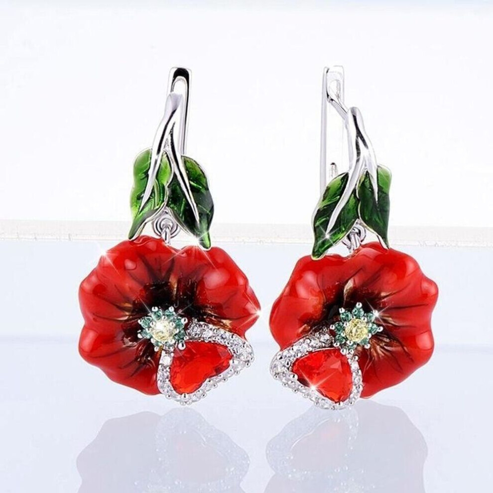 Maxpower (Red) Flower Zircon Dangle Earrings For Women Romantic Wedding Party Jewelry Red