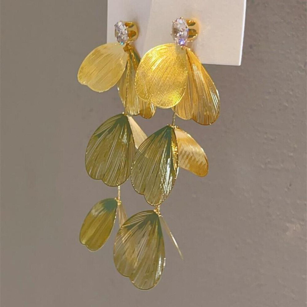 Maxpower (Gold) Metal Ginkgo Leaf Tassel Earrings For Women European And American Exaggerated Dangle Earrings Premium Wedding Jewelry Gift Gold