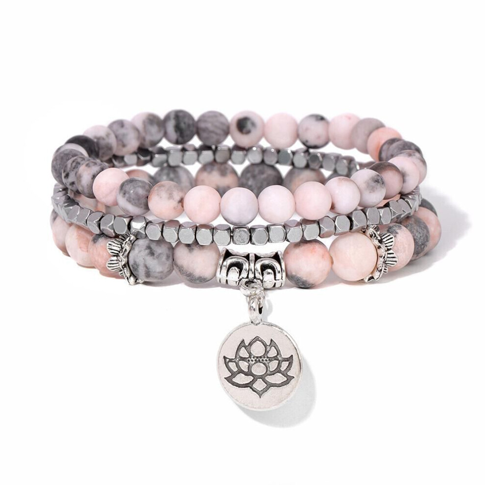 (as the picture) Handmade Natural Stone Lotus Ohm Buddha Beads Bracelet Pink Zebra Stone Lotus Charm Bracelet For Women Men Yoga Jewelry Gifts