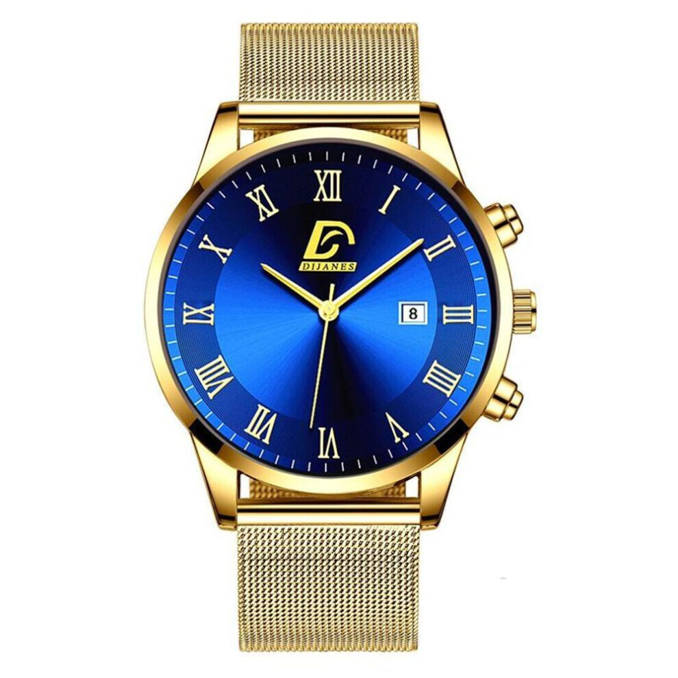 (gold,blue) Fashion Mens Watches Luxury Stainless Steel Calendar Quartz Wrist Watch For Men Business Casual Clocks