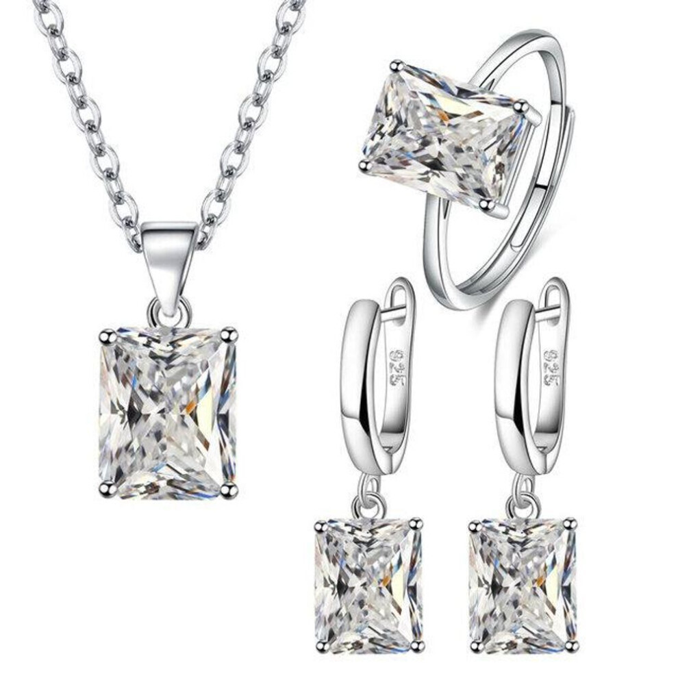 Maxpower (, Resizable) Anenjery Square Zirconia Pendant Necklace Earrings Ring Jewelry Sets For Women Anniversary Party Jewelry Gift Bijoux Femme White