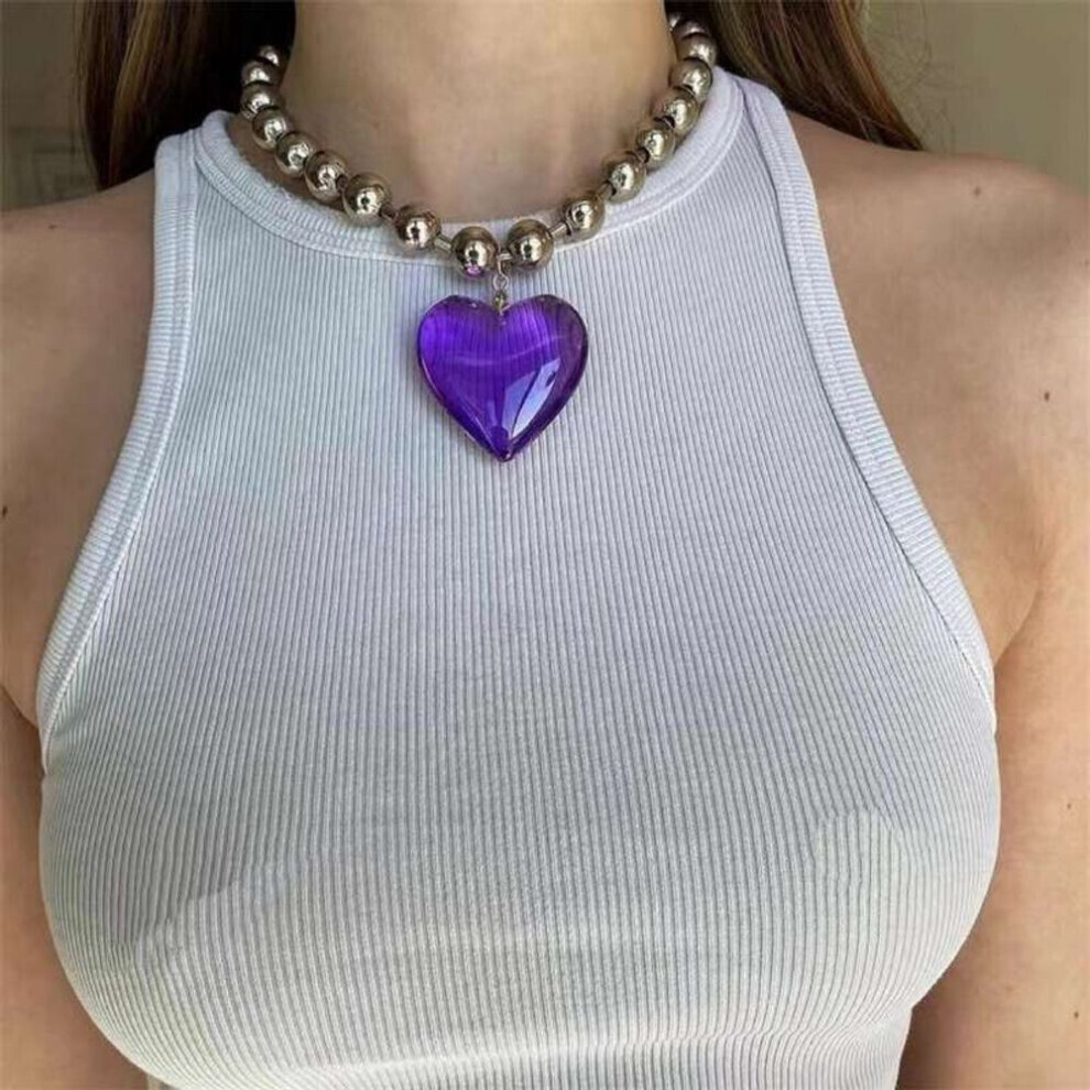(violet, 21cm-50cm) Girls Party Jewelry Short Choker Necklaces For Women Beads Chains Colorful Glass Hip Hop Minimalist Love Heart Pendant