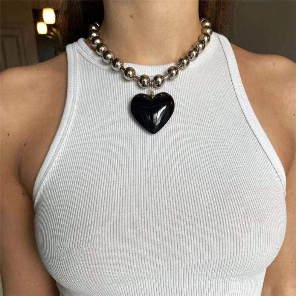 (black, 21cm-50cm) Girls Party Jewelry Short Choker Necklaces For Women Beads Chains Colorful Glass Hip Hop Minimalist Love Heart Pendant