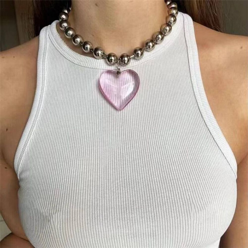 (pink, 21cm-50cm) Girls Party Jewelry Short Choker Necklaces For Women Beads Chains Colorful Glass Hip Hop Minimalist Love Heart Pendant