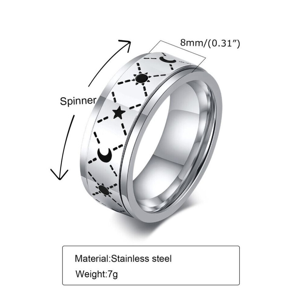 Maxpower (7) Men's Spinner Anxiety Relaxing Fidget Rings With Sun Star Moon, 8Mm Stainless Steel Rotatable Freely Rings Accessory