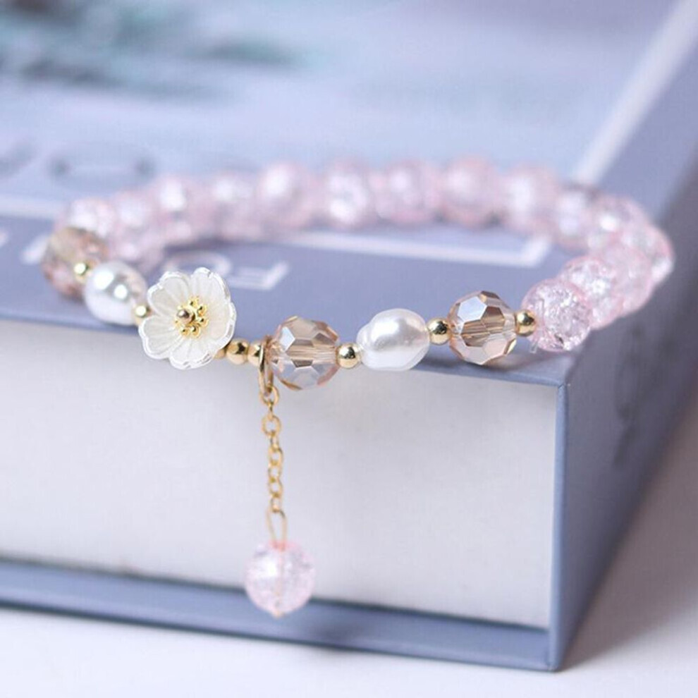 Maxpower (Pink) Crystal Beads Bracelet Women Pearl Flower Pendant Friendship Pink,White