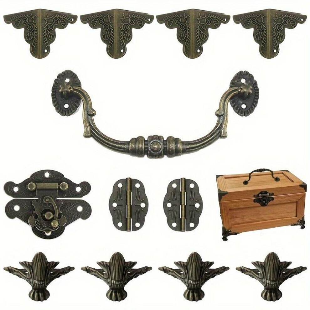 (1 Set) Rustic Antique Locking Jewelry Box Hardware Kit - Aesthetic Latch & Hinge Handle Set, Corner Guards For Diy Wooden Box Organizer