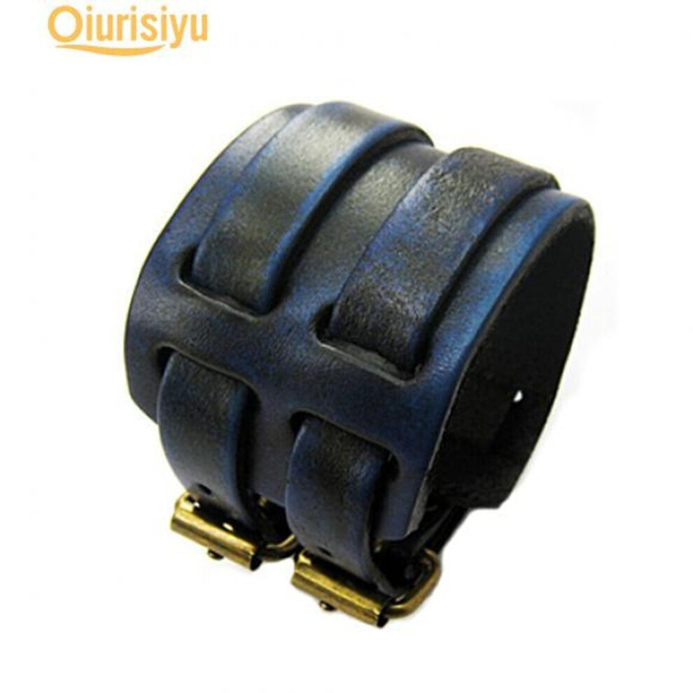 (blue) Men 2 Layer Punk Wide Belt Faux Leather Bracelet Wristband Cuff Bangle Gift