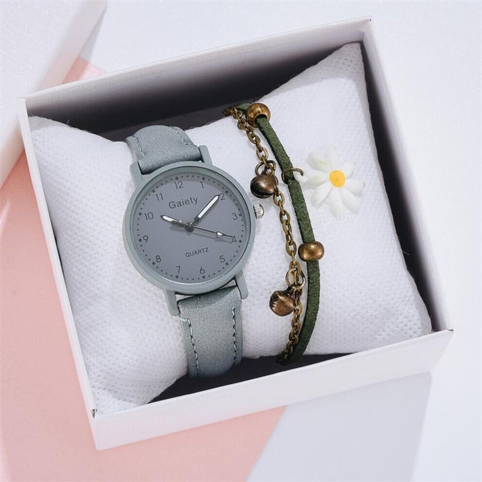 Maxpower (Grey) Women Fashion Watch Simple Leather Bracelet Watch Set Quartz Wristwatches Casual Female Clock Grey