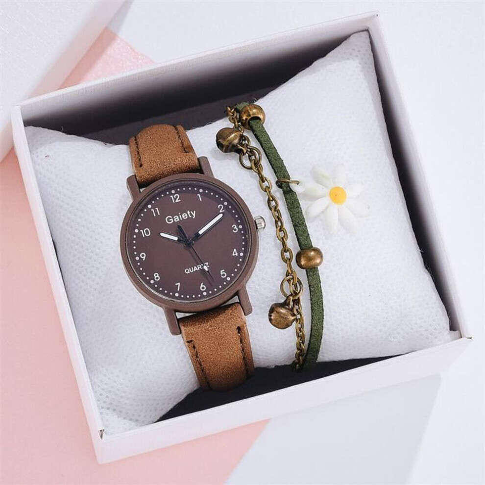 (brown) Women Fashion Watch Simple Leather Bracelet Watch Set Quartz Wristwatches Casual Female Clock