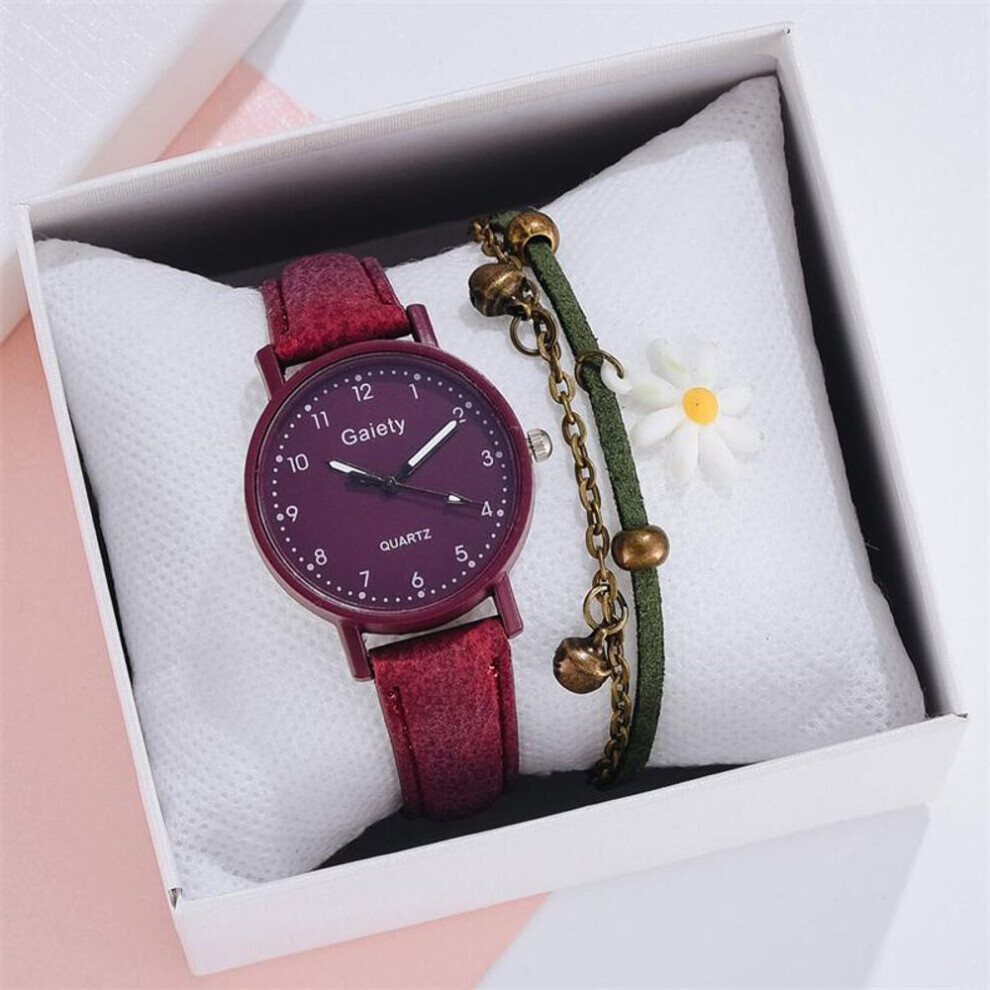 Maxpower (Red) Women Fashion Watch Simple Leather Bracelet Watch Set Quartz Wristwatches Casual Female Clock Red