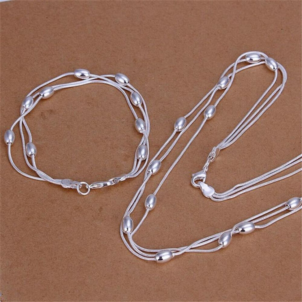 Maxpower (45Cm And 20Cm) Snake Chain Bead Bracelet Necklace Set 925 Sterling Fashion Jewelry Silver
