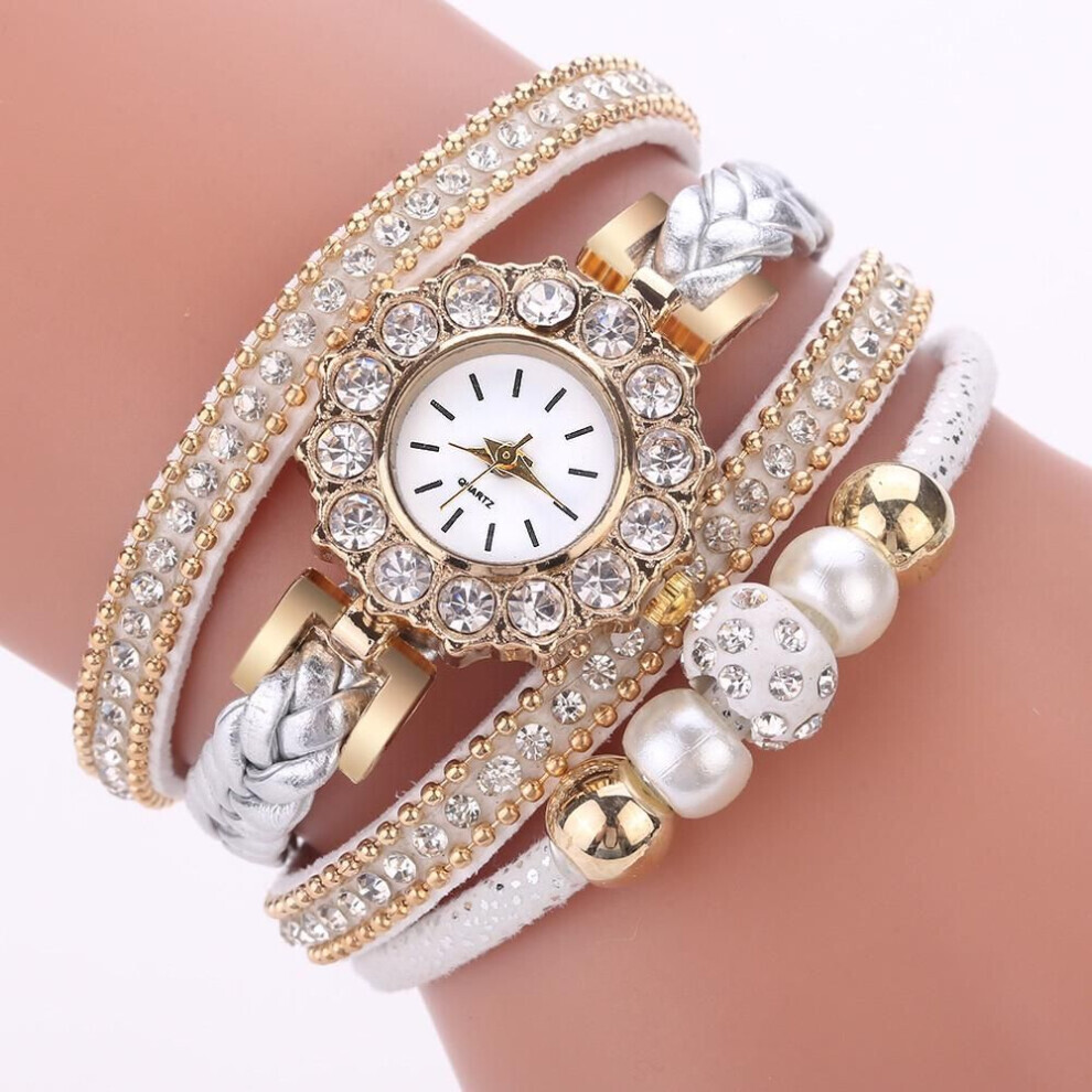 (white) Women Fashion Quartz Wrist Vintage Weave Wrap Watch Bracelet