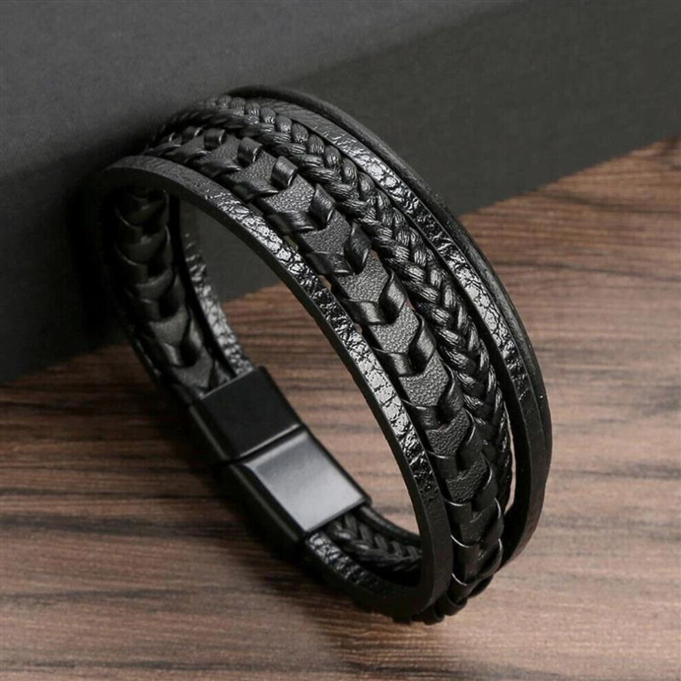 (as the picture, 23cm) Classic Hand-woven Leather Bracelet 19/21/23cm Multilayer Leather Men Bracelets Punk Bangle For Friend Charm Jewelry Gifts