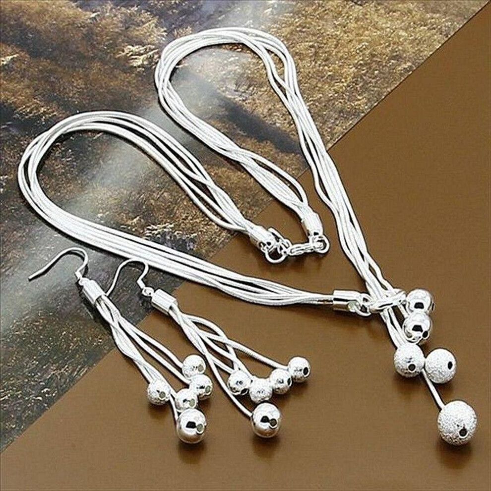 (45cm) 925 Sterling Silver Smooth Matte Beads Necklace Earring Fashion Jewelry Sets