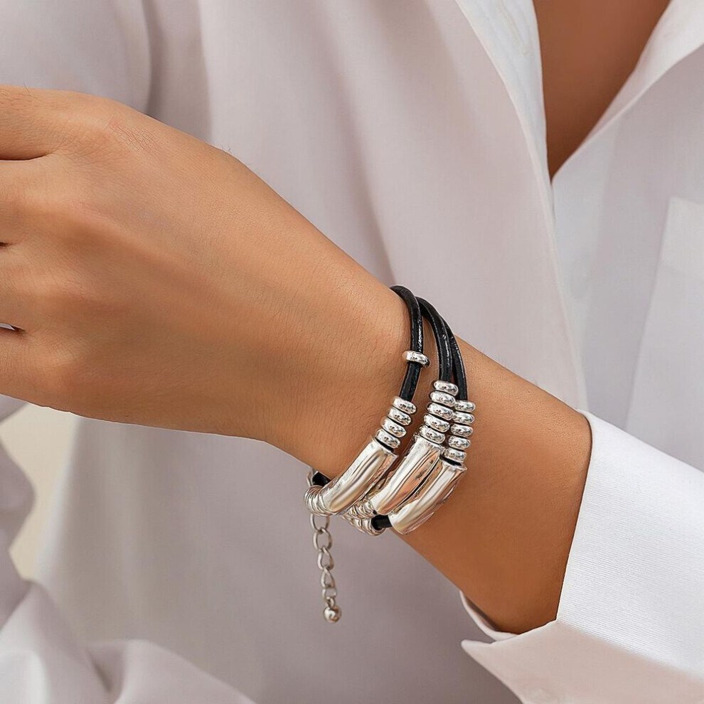 Maxpower (, K Bracelet 2593) European & American Multi-Layer Leather Wax Line Necklace Set With Alloy Hip-Hop Clavicle Chain White