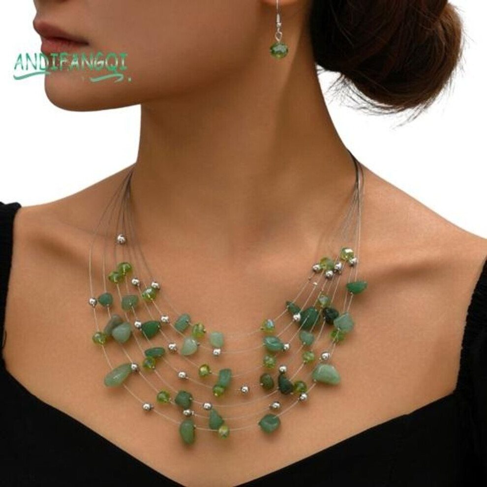 (green) 1 Set Women Necklace Earrings - Multi-layered Stone Decor, Bohemian Style, Ear Jewelry, Necklace Set