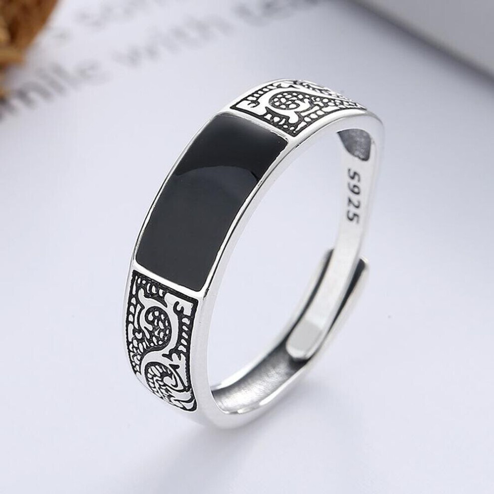 (black, 1PCS) Trendy Sterling Silver Ring For Men Jewelry Black Rectangle Retro Dragon Pattern Ring Male Infex Finger Accessories Open