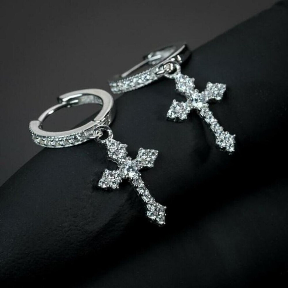 (silver) 1 Pair Fashion Small Cross Earrings Crystal Gold Cross Hoop Earrings For Women Men Gift Hip Hop Rock Jewelry