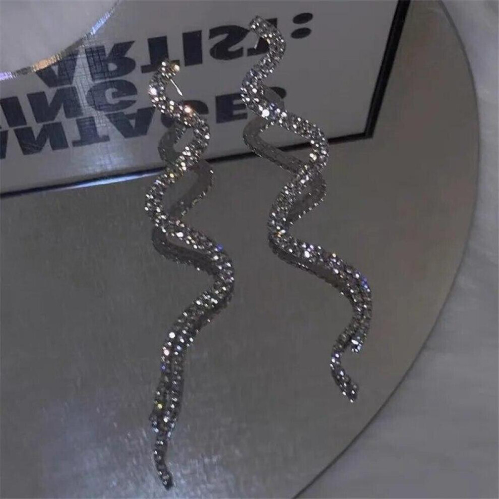 Maxpower (Silver) Fashion Women Elegant Snake Shape Shiny Zircon Tassel Stud Earrings Women Jewelry Party Gifts Silver