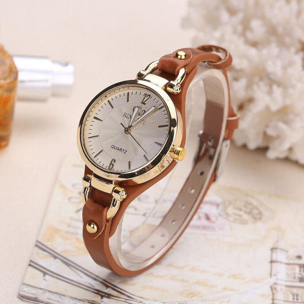 Maxpower (Brown) Women Casual Watches Round Dial Rivet Pu Leather Strap Wristwatch Ladies Analog Quartz Watch Gift Brown