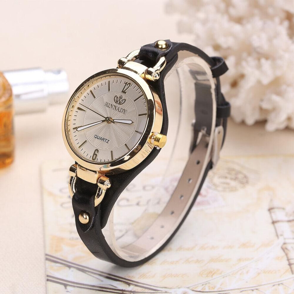 (black) Women Casual Watches Round Dial Rivet Pu Leather Strap Wristwatch Ladies Analog Quartz Watch Gift
