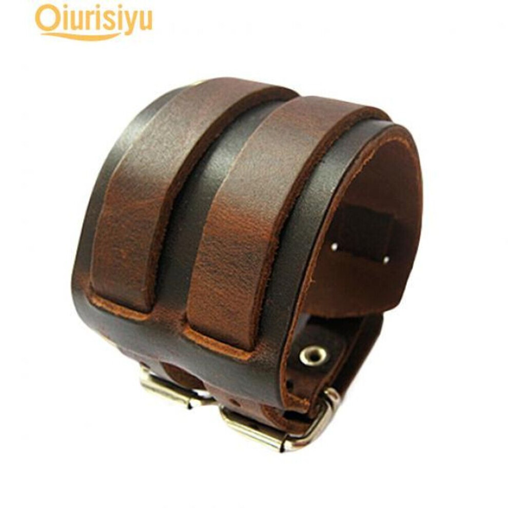 Maxpower (Brown) Men 2 Layer Punk Wide Belt Faux Leather Bracelet Wristband Cuff Bangle Gift Brown