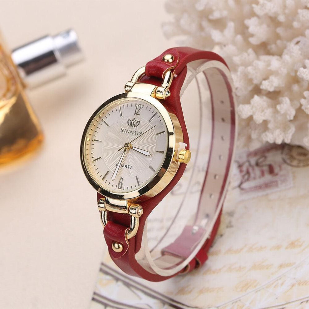 Maxpower (Red) Women Casual Watches Round Dial Rivet Pu Leather Strap Wristwatch Ladies Analog Quartz Watch Gift Red