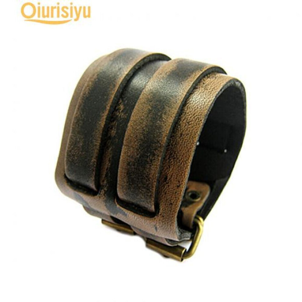 (khaki) Men 2 Layer Punk Wide Belt Faux Leather Bracelet Wristband Cuff Bangle Gift