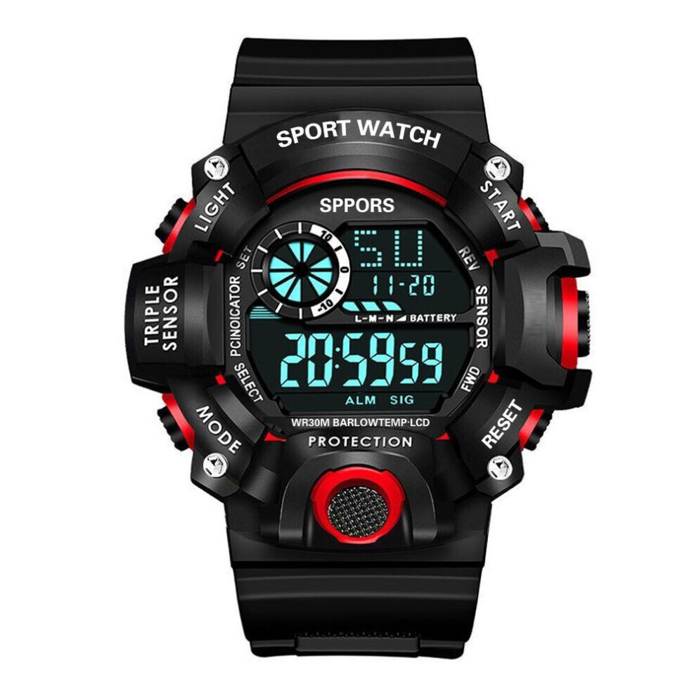 (red) Fashion Multifunction Sports Watch Display Date Calendar Week Alarm Unisex Watch