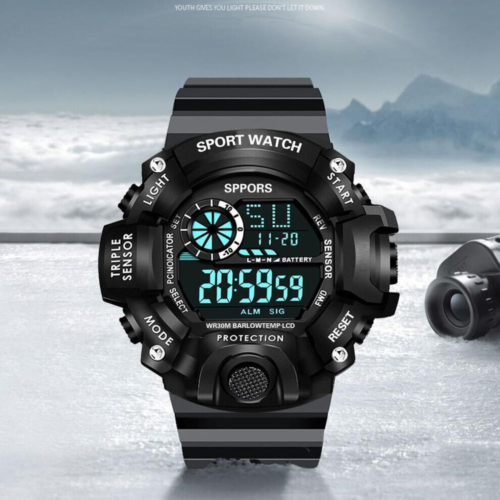 (black) Fashion Multifunction Sports Watch Display Date Calendar Week Alarm Unisex Watch